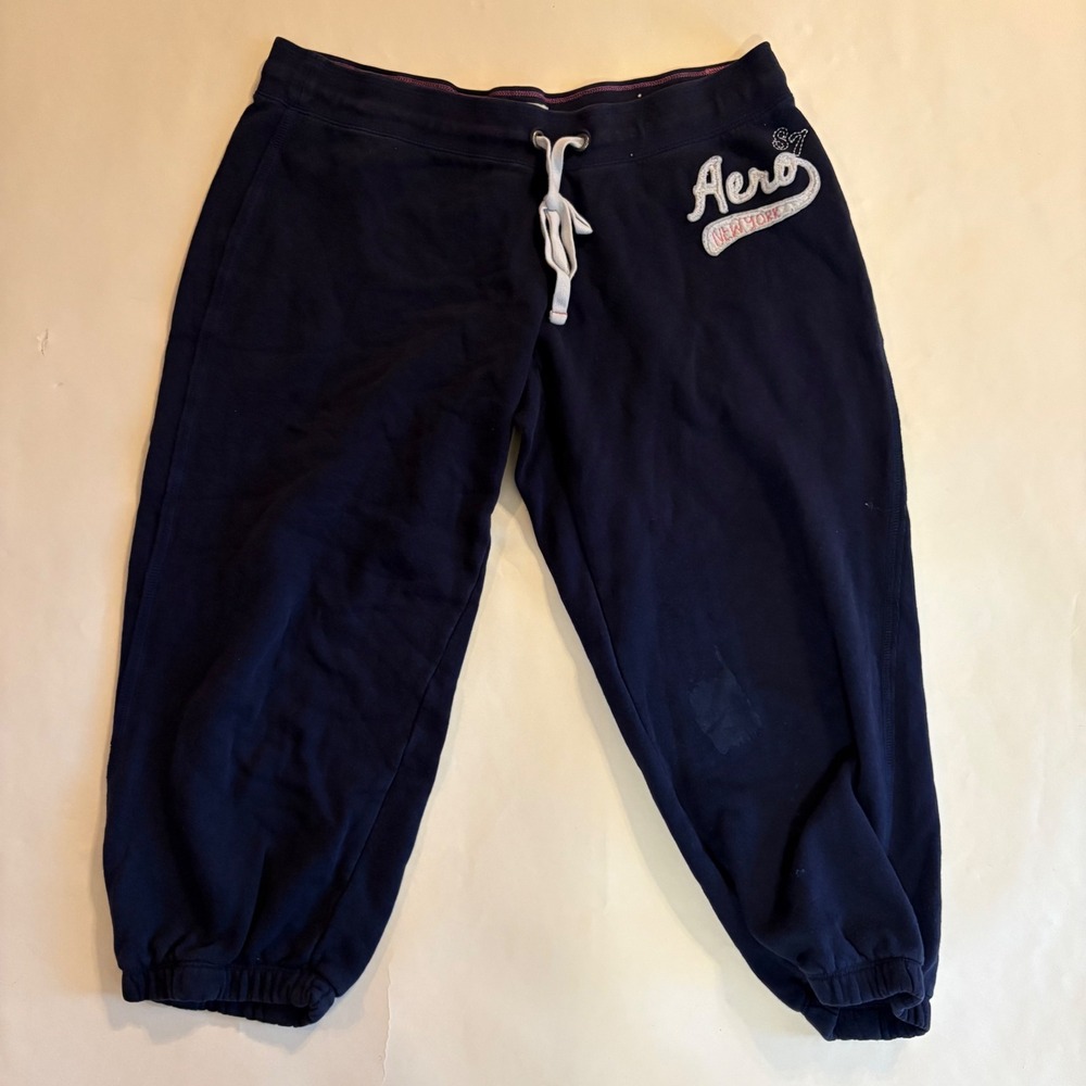 Aeropostale Navy Blue Embroidered Logo Jogger Capri Sweatpants Large